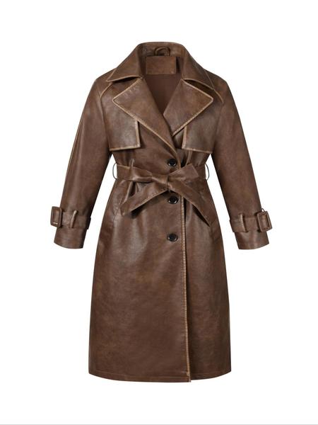 Women's Spring British Style PU Long Jacket, Casual Fitted Windbreaker, Lightweight Elegant Commuter Coat, Includes Waistband