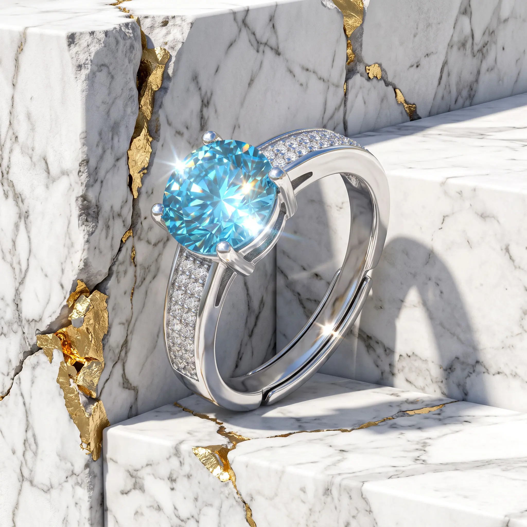 Exquisite Vivid Blue Moissanite Statement Ring, Solid 925 Sterling Silver Thick Plated, Dual-Band Pave Adjustable Ring Jewelry for Women