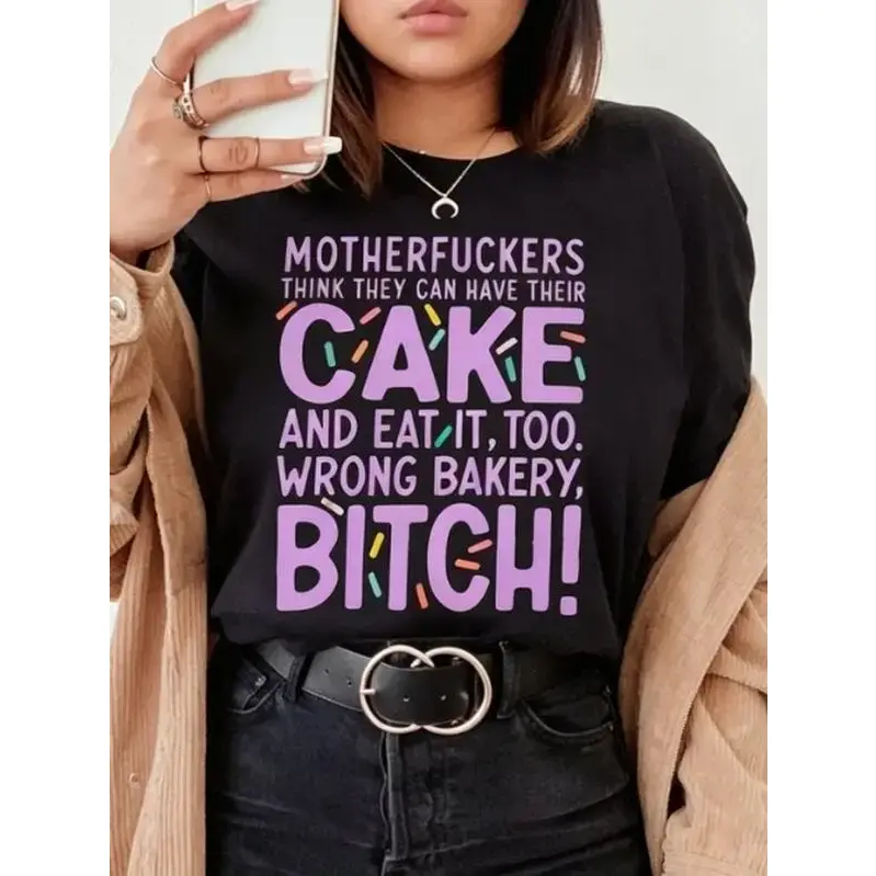 Funny Cake Baking Sarcastic Slogan Graphic Black Crew Neck Cotton Short Sleeve T-Shirt, Soft Casual Summer Daily Baker Streetwear Outfit Top