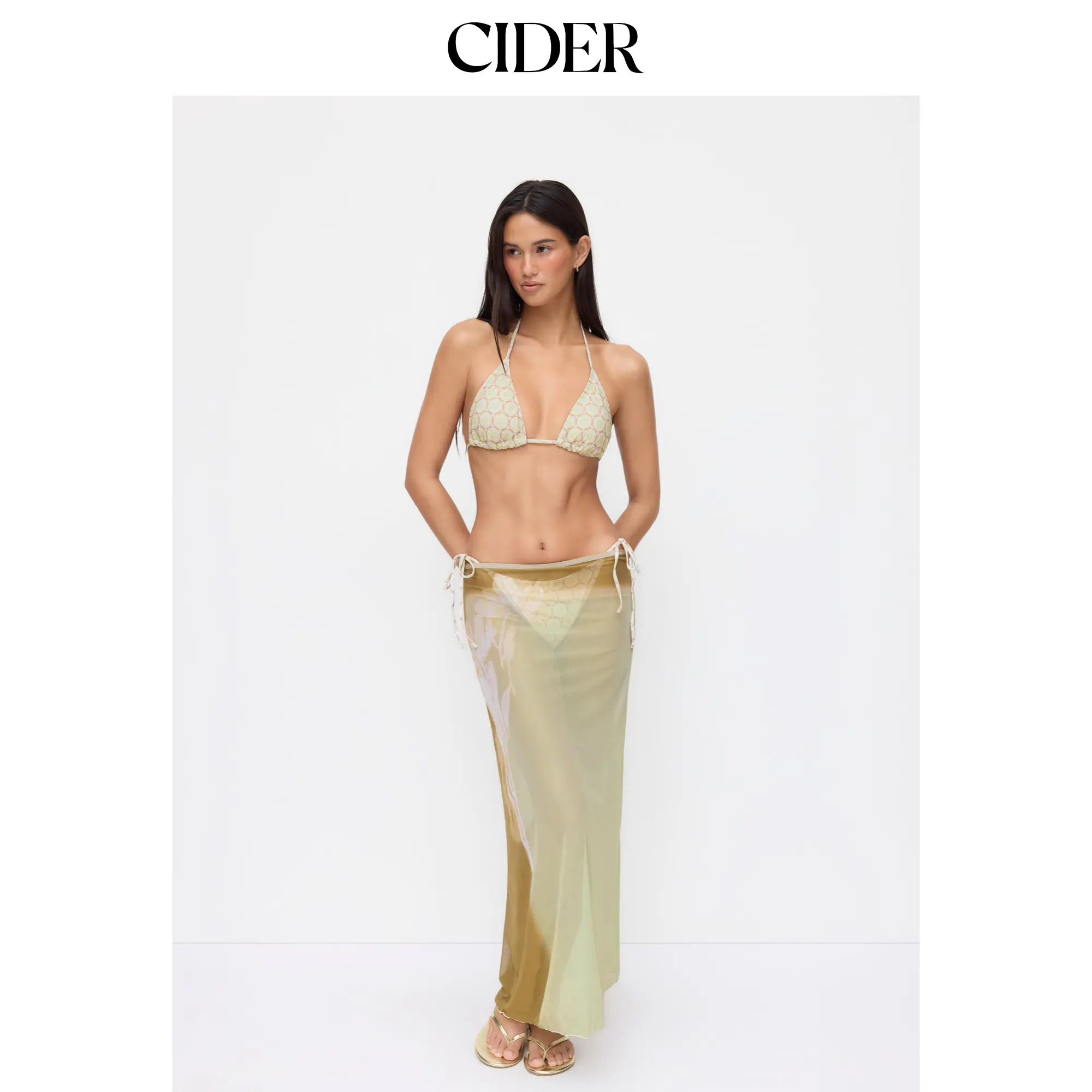 Cider High Stretch Floral Triangle Top & Mid Rise Bikini & Sheer Floral Skirt 3-Piece Bikini Set