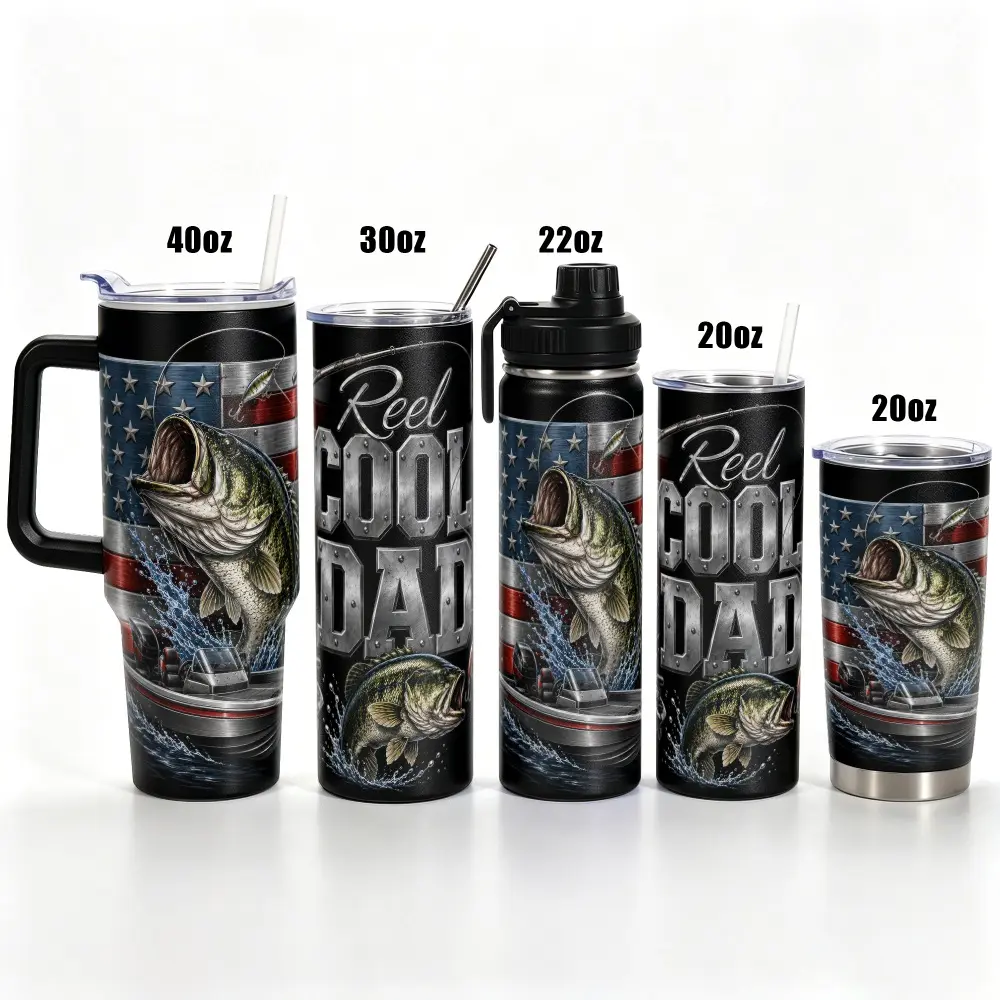 1 pc, 40oz/30oz/22oz/20oz Stainless Steel Tumbler, Reel Cool Dad Fishing Themed Vacuum Insulated Travel Mug with Leak Proof Lid, Double Wall Insulated Coffee Cup for Father's Day Birthday, Gift for Fishermen Dad Husband, Car Cup Holder Friendly