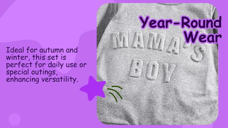 Men's Fall Winter Casual Long Sleeve Round Neck Sweatshirt & Pants Set, Mama's Boy Embroidered Design, Perfect for Daily Wear