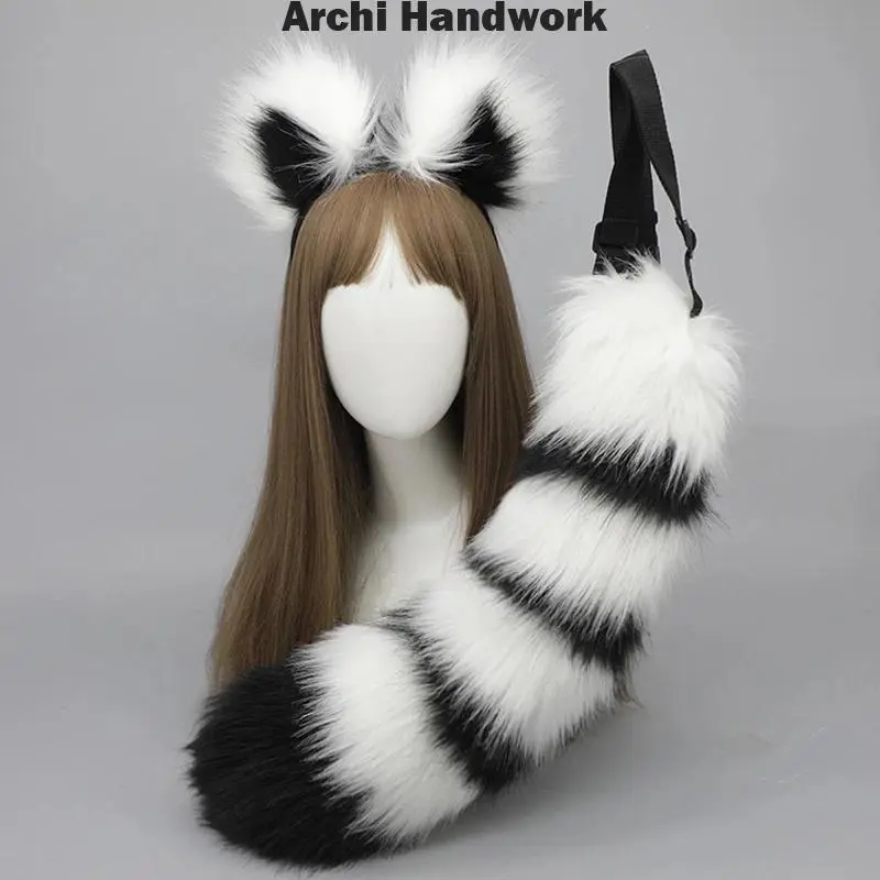Archi Handwork Animal Ailurus Fulgens Furry Headband Plush Tail Raccoon Headwear Fursuit Animaris Cosplay Performance Props