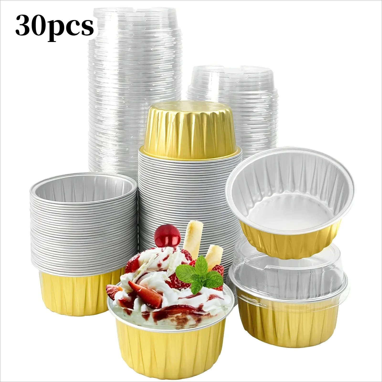 30pcs Foil Cupcake Baking Cups with Lids - Disposable Mini Dessert Containers, Heat-Resistant Aluminum Muffin Liners. Perfect for Wedding Party Dessert Tables, Catering, Holiday Baking & DIY Treats. Great for Bakers, Party Hosts & Catering Events.