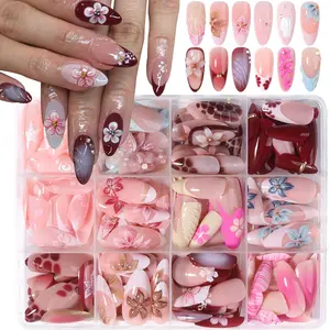 288pcs Long Almond Nail Art Stickers Set, Nail Art Kit, French Acrylic Material, Perfect Fit, Includes 4 Jelly Glue & 2 Nail Files, Ideal for Women
