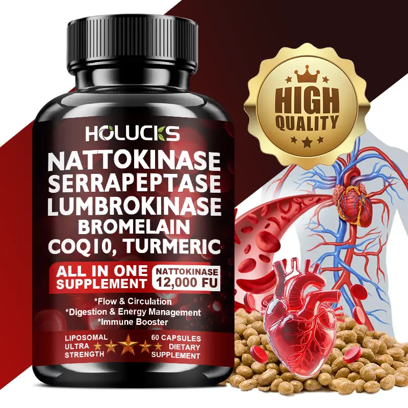All-in-One Enzyme Blend Nattokinase 12,000 FU Capsules – Serrapeptase 360,000 sPU, Lumbrokinase, CoQ10, Turmeric Curcumin, Magnesium & Vitamin Complex for Circulation, Energy & Digestive Support, 60 Veg Caps