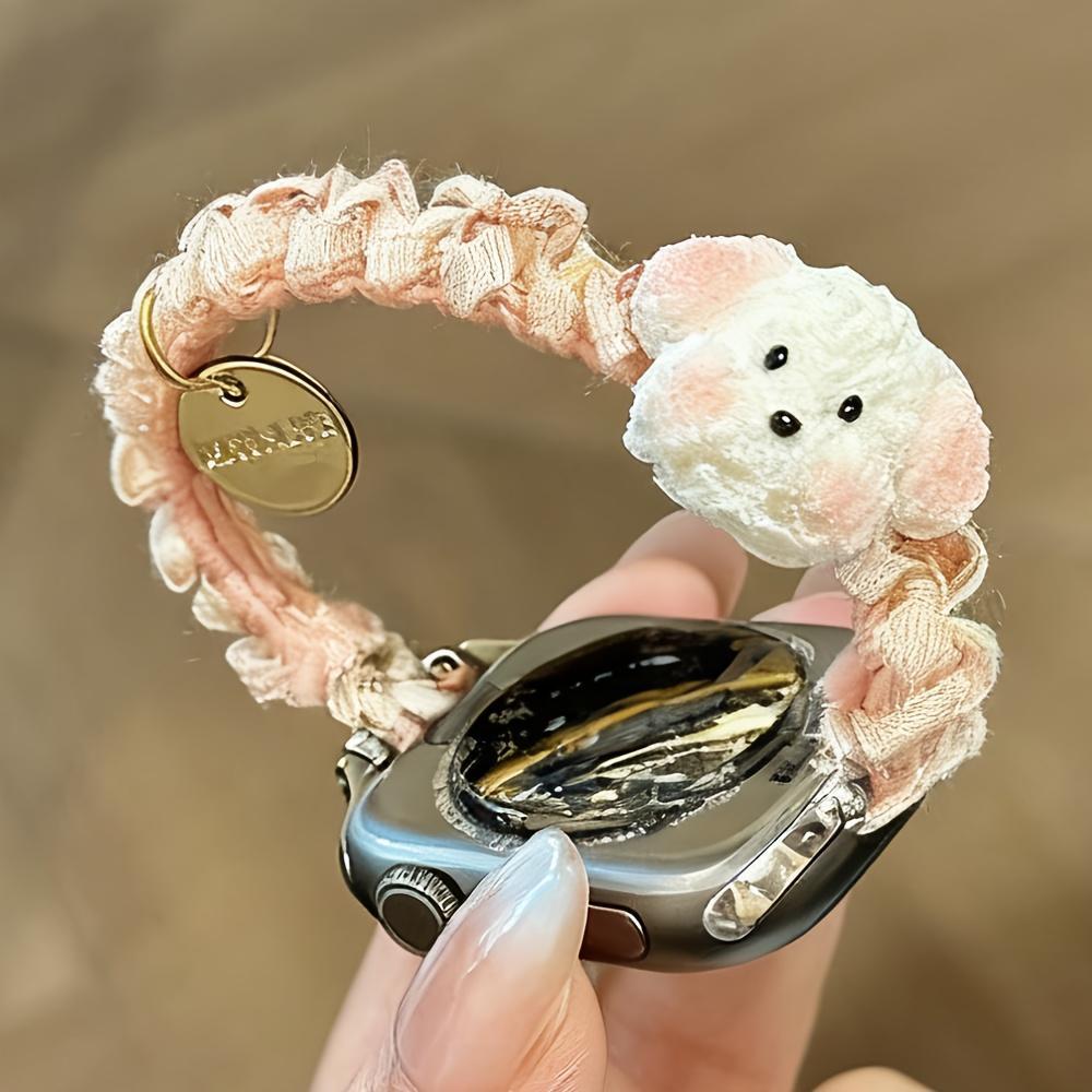Stylish Cute Scrunchie Gradual Change Elastic Bands with 3D Puppy Dog Pendant for Apple Watch Band 46mm 45mm 44mm 41mm 42mm 38mm 40mm 49mm Ultra 2 Kawaii Adjustable Nylon Straps for iWatch Series 10 9 8 SE 7 6 Stylish Smartwatch Wristband