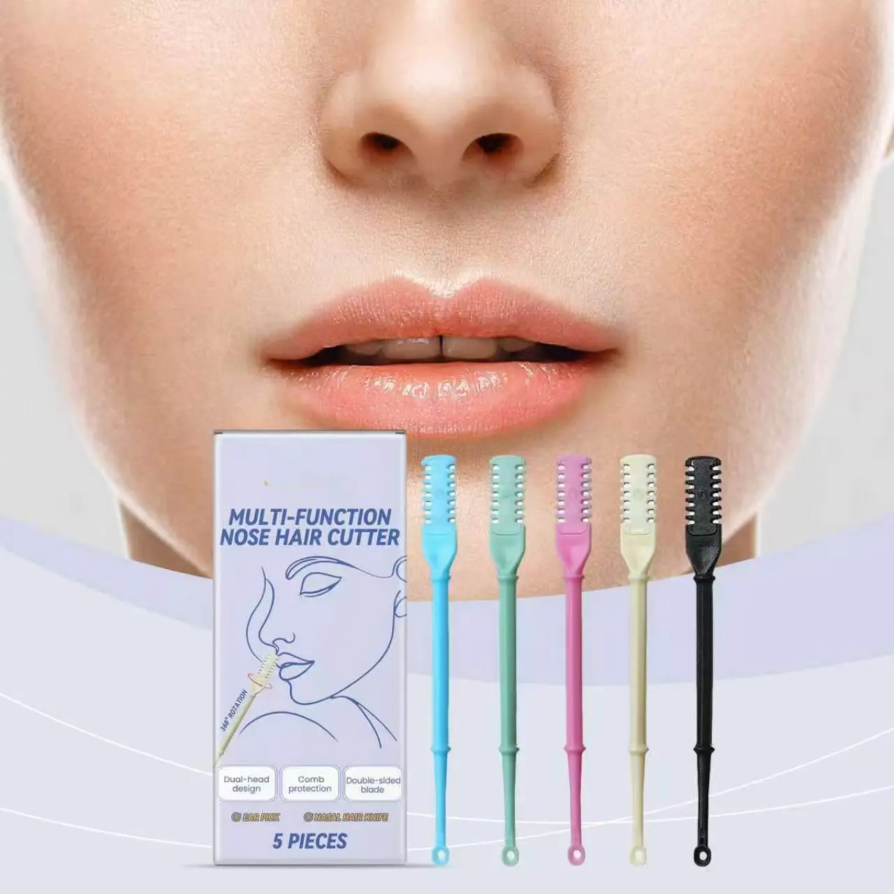 Disposable Multi-Function Nose Hair Cutter Multipack (5 Pieces) - Dual Head, Ergonomic, Light Weight, Safe Nasal Trimming Tool with Ear Pick, Portable Gentle Nose Cleaning Grooming Tool for Business & Daily Outdoor Grooming