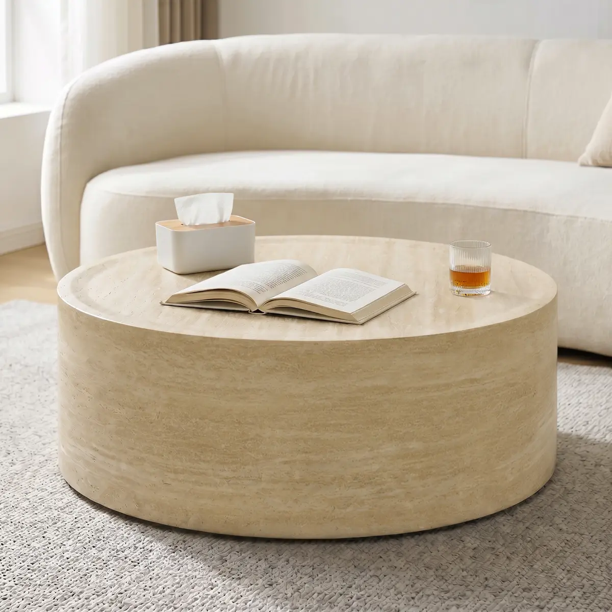 [Fahuac] MDF Coffee Table, Generous 39-Inch Round Tabletop, Fully Assembled Modern Indoor Center Table with Natural Stone-Inspired Marble Pattern, Waterproof Surface for Living Room Office