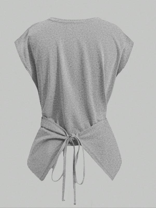 Women's Knitted Round Neck Drop Shoulder Sleeve T-Shirt, Fashion Casual Chic Asymmetrical Ruched Cross Cutout Back Tie Top