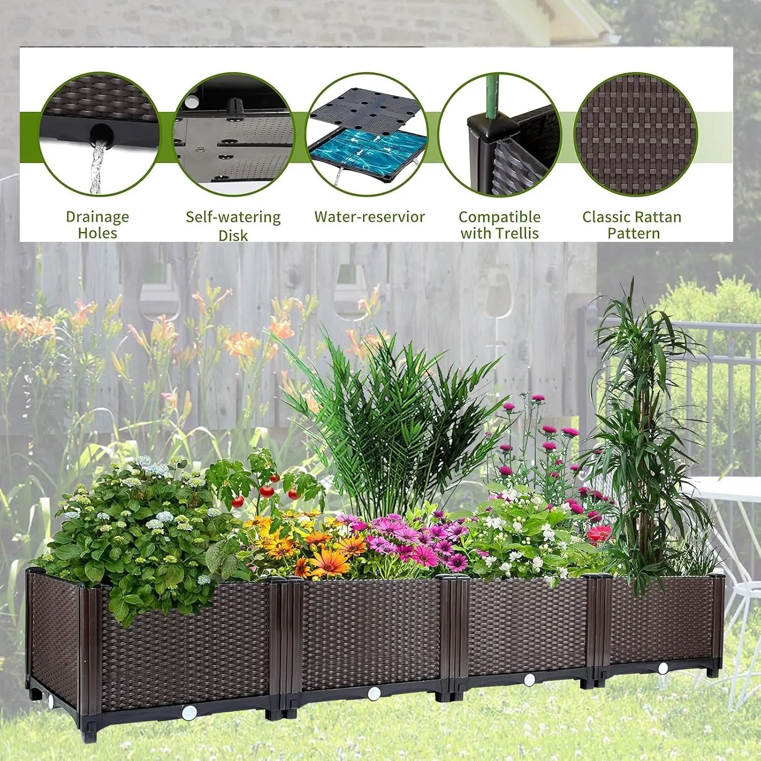 Garvee 63" Self-Watering Raised Garden Bed – Large Deep Rectangular Planter Box, Rattan-Style Plastic with Drainage Plug, Weather-Resistant – Outdoor Vegetable, Flower & Herb Container for Patio, Balcony, Deck, Brown