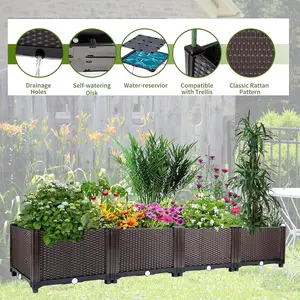 Garvee 63" Self-Watering Raised Garden Bed – Large Deep Rectangular Planter Box, Rattan-Style Plastic with Drainage Plug, Weather-Resistant – Outdoor Vegetable, Flower & Herb Container for Patio, Balcony, Deck, Brown
