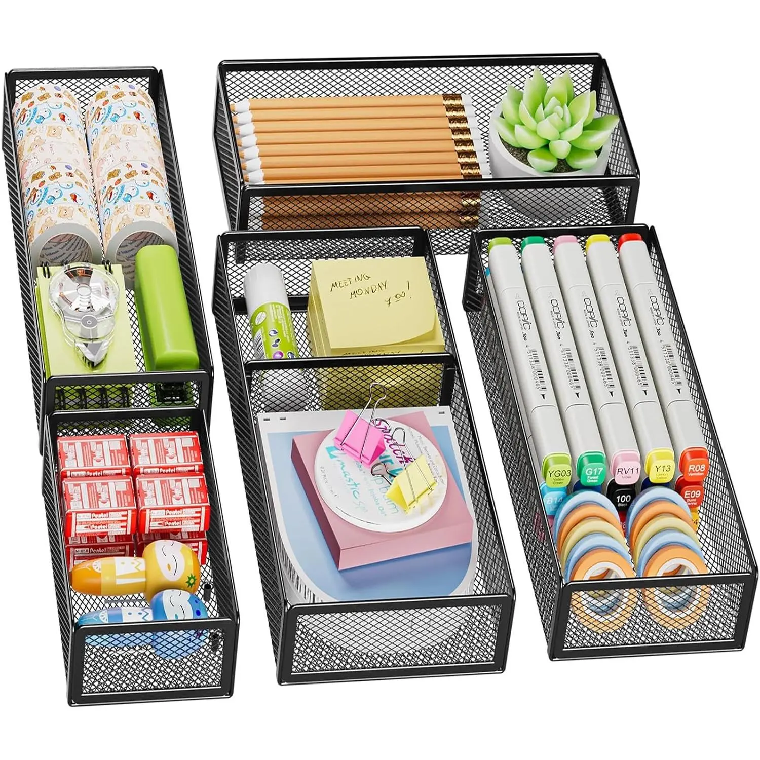 5 Pack Desk Drawer Organizer Set, Mesh Drawer Storage Trays with 1 Adjustable Divider, Desk Organizers and Accessories, 5 PCS Drawer for Office Supplies, Makeup & Vanity (Black)Gift