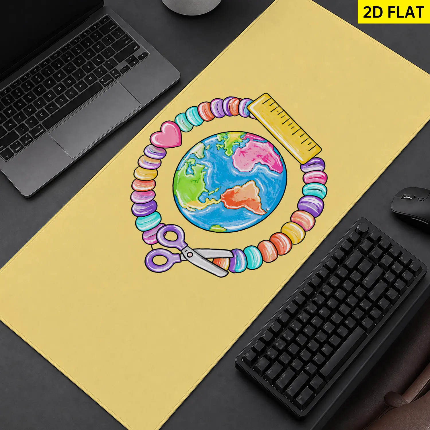 Extra Large colorful globe scissors ruler beads Mouse Pad, Non Slip Rubber Pad, Desktop Decoration Drotection Pad, Washable, Lock Edge Multi Size, Premium Multipurpose Mousepad For Home, Office, Gift for Family and Friends