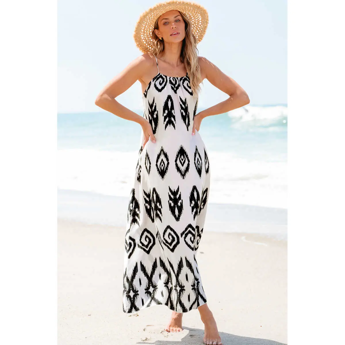 Women's Sundress, Chic Western Style Aztec Print Sleeveless Maxi Dress for Casual Vacation, Lightweight 100% Polyester, Fabric, Soft
