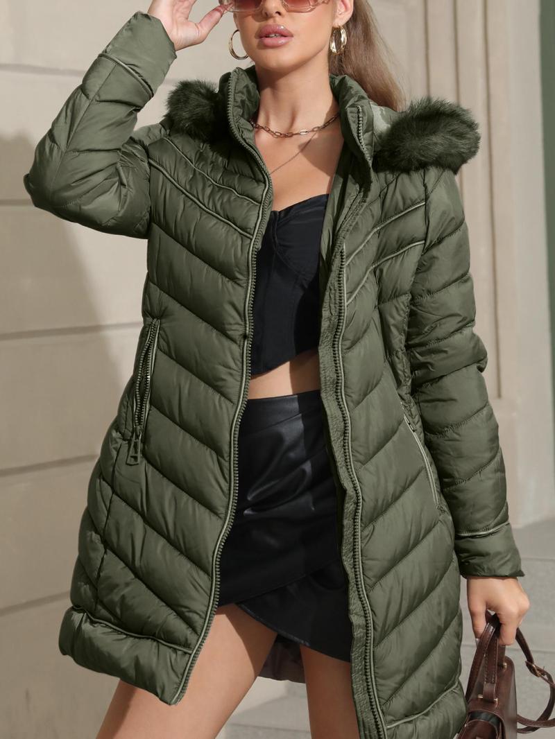 Women's Contrast Faux Fur Hooded Longline Winter Coat, Casual Long Sleeve Pocket Zip Up Outerwear for Fall & Winter, Ladies Clothes for Daily Wear