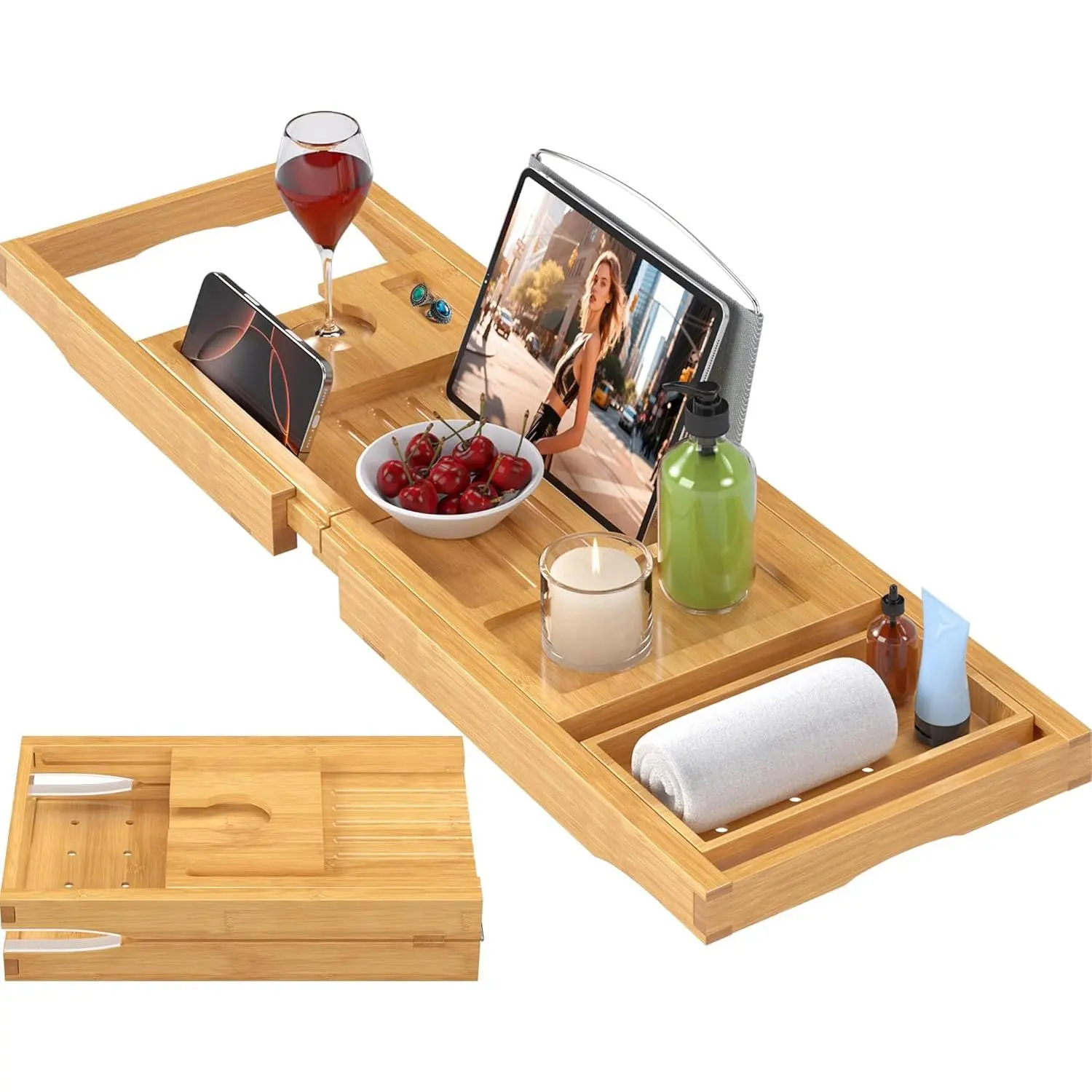 Foldable Bathtub Caddy Tray, Expandable Bamboo Bath Table, Premium Bathroom Decor Organizer, Ideal Housewarming, Holiday & Couple Daily Use Practical Household Supplies, Natural Eco-friendly Material