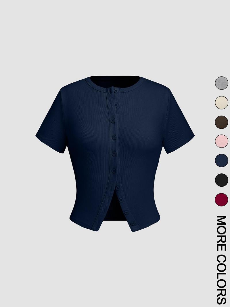 Women's Plain Button Front Crop Tee, Casual Short Sleeve T-shirt for Daily Wear, Ladies Clothes for All Seasons, Womenswear