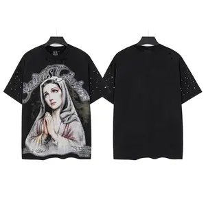 Saints Global Praying Virgin Mary Rhinestone Graphic T-Shirt Men Vintage Washed Black Distressed Hole Rivet Oversized Cotton Short Sleeve Tee For 4th Of July Summer Hip Hop Streetwear Outfit