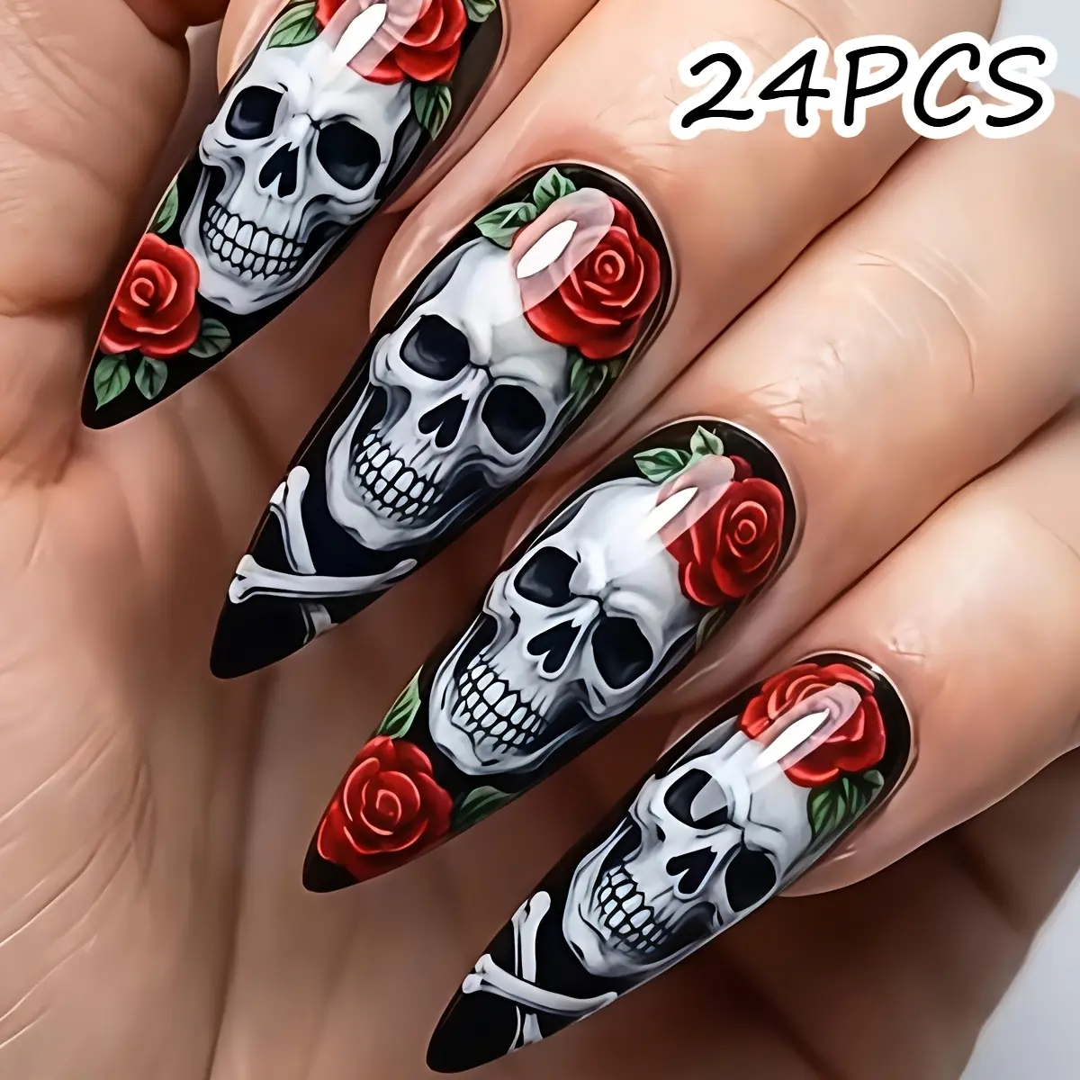 24Pcs Long Stiletto Press On Nails Glossy Black Skull Red Rose Gothic Halloween Design Reusable False Nail Tips For Daily Gathering Vacation Halloween Party Women Salon Dark Cool Manicure Decor Accessories Fake Nails
