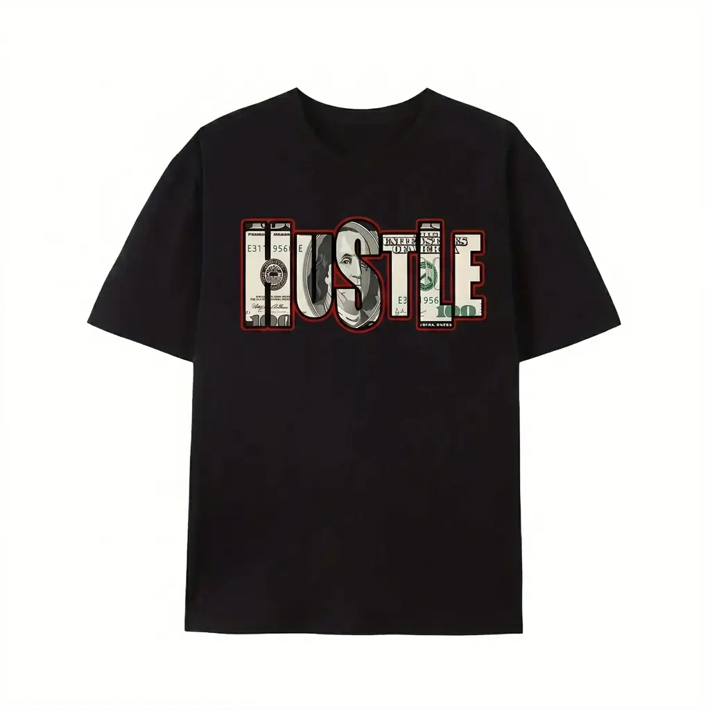 Men's Crew Neck Short-Sleeve Knit Stretch Fabric Hustle Money Dollar Bill Typography T-Shirt, 100% Cotton Motivational Graphic Urban Streetwear, Success Gift (Sizes S-3XL, Black/White), Shortsleeve, Tshirt, Clothes, Tops, Smooth