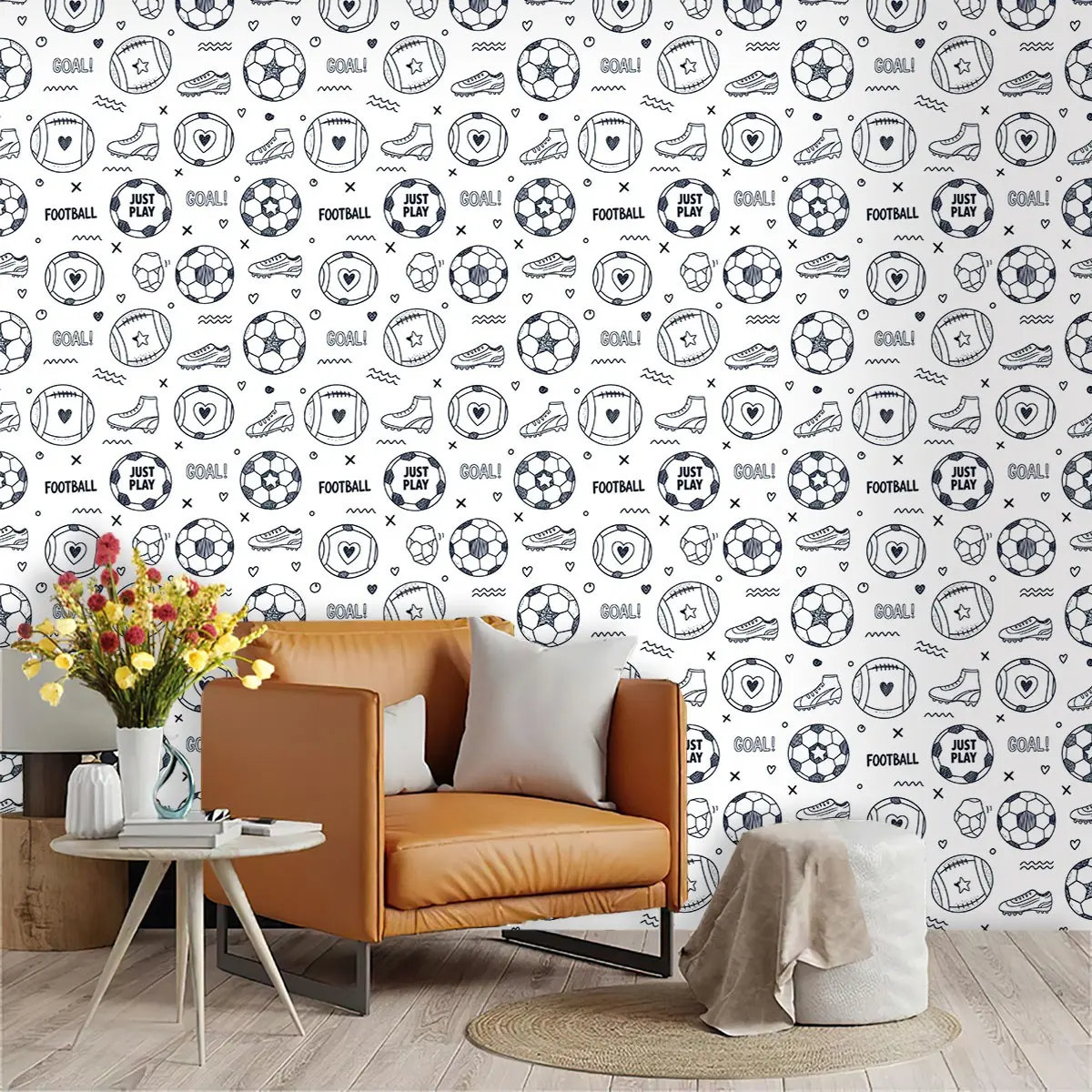 Hand-Drawn Graffiti Football Theme Wallpaper, PVC Material, Mould-Proof, Easy Peel-And-Stick, Ideal for Kitchen/living Room/bedroom Decor