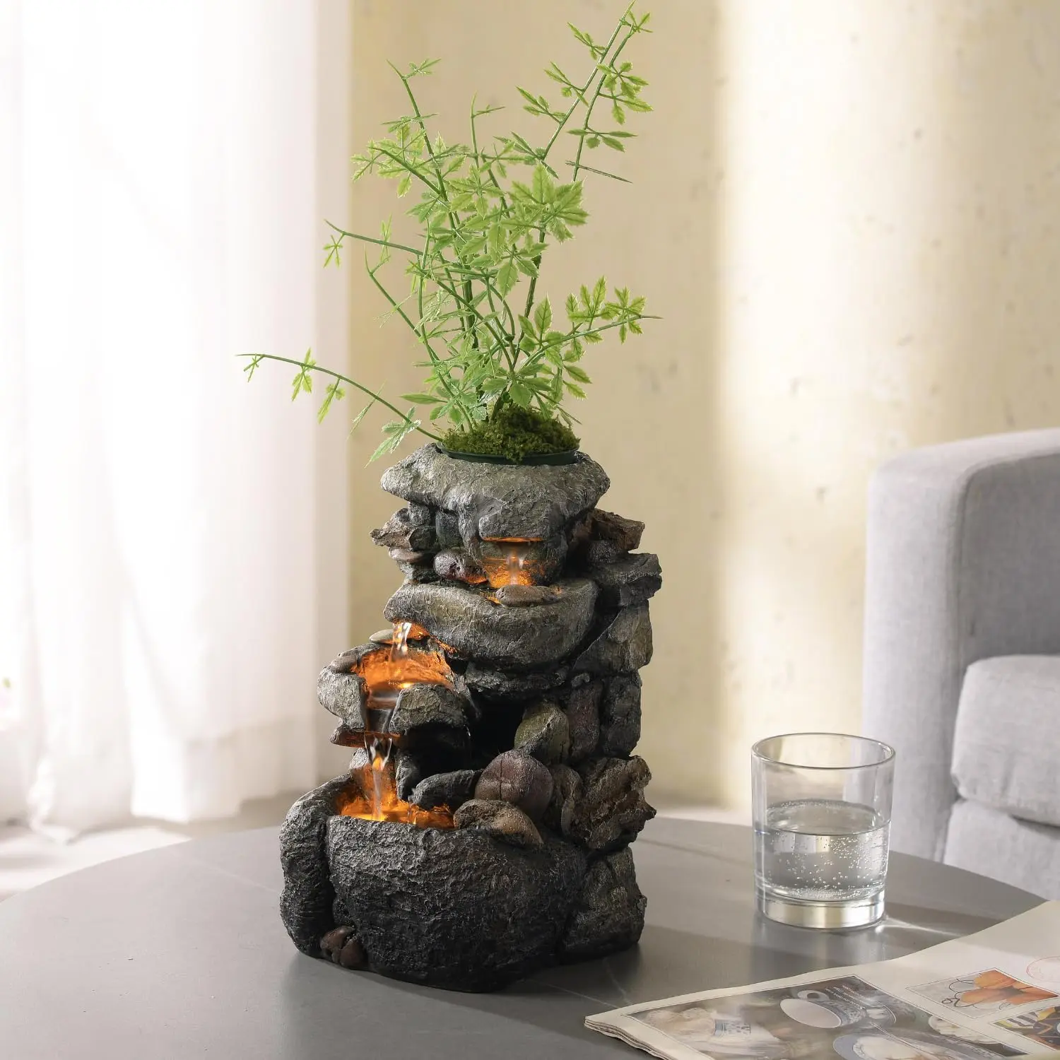 Tabletop Water Fountain with LED Lighting for Indoor Decor and Ambiance Relaxation  Sound Waterfall Indoor Zen Relaxation for Office  Decorations Growing  by Yourself