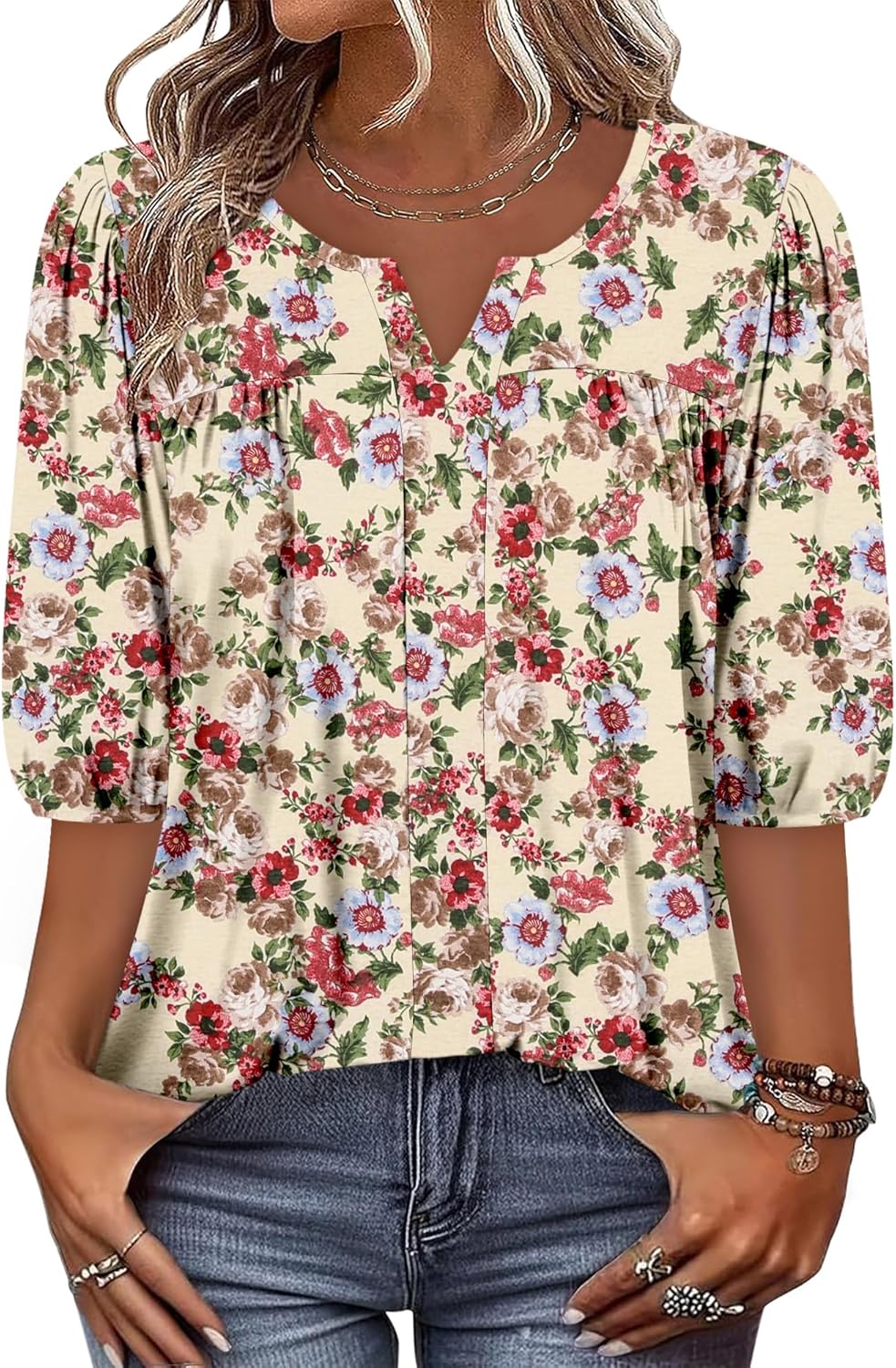 Womens Puff Half Sleeve Summer Tunic Tops Casual Chest Pleated Shirts Work Blouse for Women Dressy