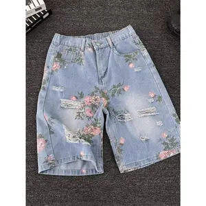 Men'S Floral Denim Shorts Summer Vintage Flower Print Jean Shorts Ripped Distressed Baggy Shorts Retro Rose Graphic Shorts with Elastic Waist Beach Vacation Party Shorts Aesthetic Streetwear Soft Boy Style Wide Leg Jorts Casual Short Pants