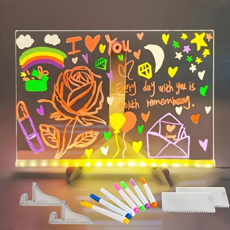 LED Backlit Acrylic Erasable Message Board, USB Powered Drawing Board, Includes 7 Pens, Wipe Cloth, Adjustable Stand, Ideal for Art & Night Light