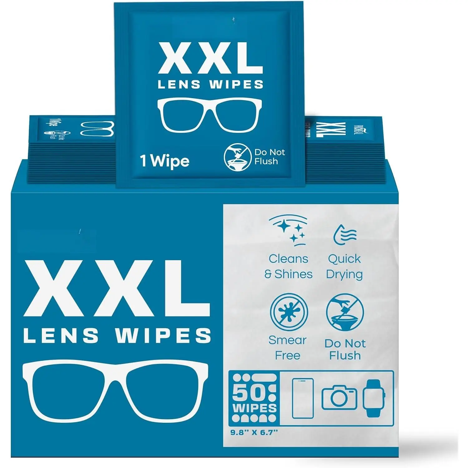 Large Size Synthetic Lens Wipes, 50 Count - 9.8"x6.7" Eyewear Cleaner Wipes for Lenses, Display Screens - Quick Drying, Smear Free with Isopropyl, Cleans and Shines