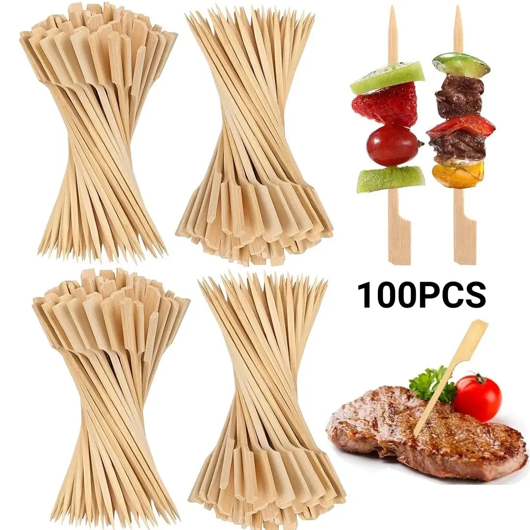 100 Disposable Barbecue Skewers, Bamboo Skewers with Handles, Dim Sum, Meat, Fruits, Burger Skewers, Kabob Skewers, Clean and Hygienic, Camping Barbecue, Picnic Portable Disposable Skewers, Kebab Skewers