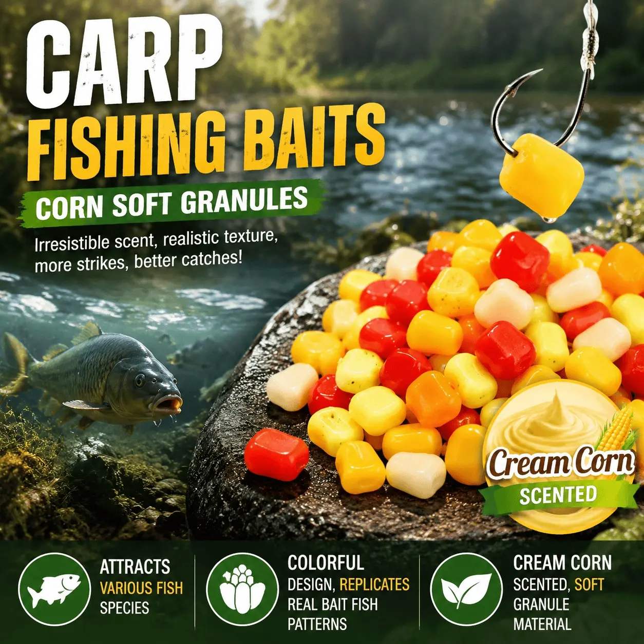 Creamy Corn Scent Soft Pellet Lures - Realistic Artificial Corn for Carp & Grass Carp - Fresh & Saltwater Use - Long Lasting Attractant - 50/100 Pcs Multi Color Pro Upgrade Kit