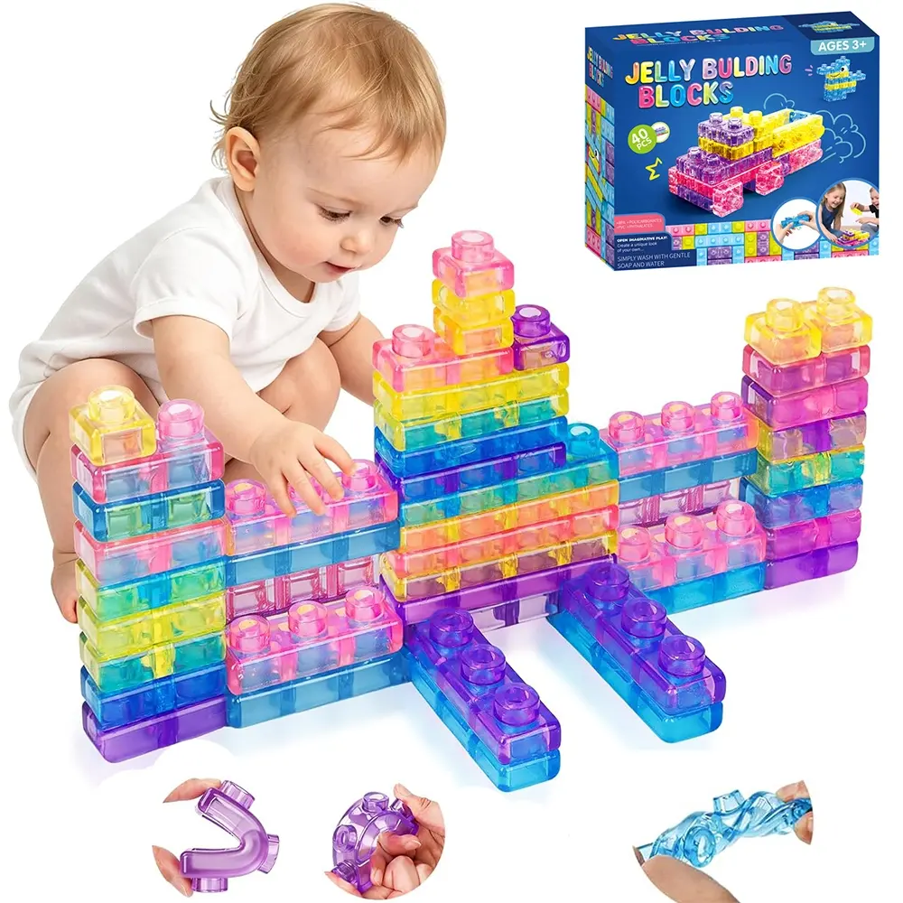 Gummy Squishy Blocks Set for Kids 40PCS Soft Gummy Building Blocks Transparent Squishy Sensory Cube Toy Squeeze Stretch Stackable Fidget Blocks Soft Stacking Blocks for Creative Play Squeeze Stress Relief Cubes