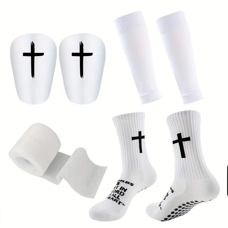 Men's 4 Pcs/Set Christian Cotton Athletic Socks Kit - Cross-Printed Anti-Slip Grip Sports Socks with Mini Shin Guards, Leg Sleeves, Athletic Tape, Football Accessory for Soccer,sohochic