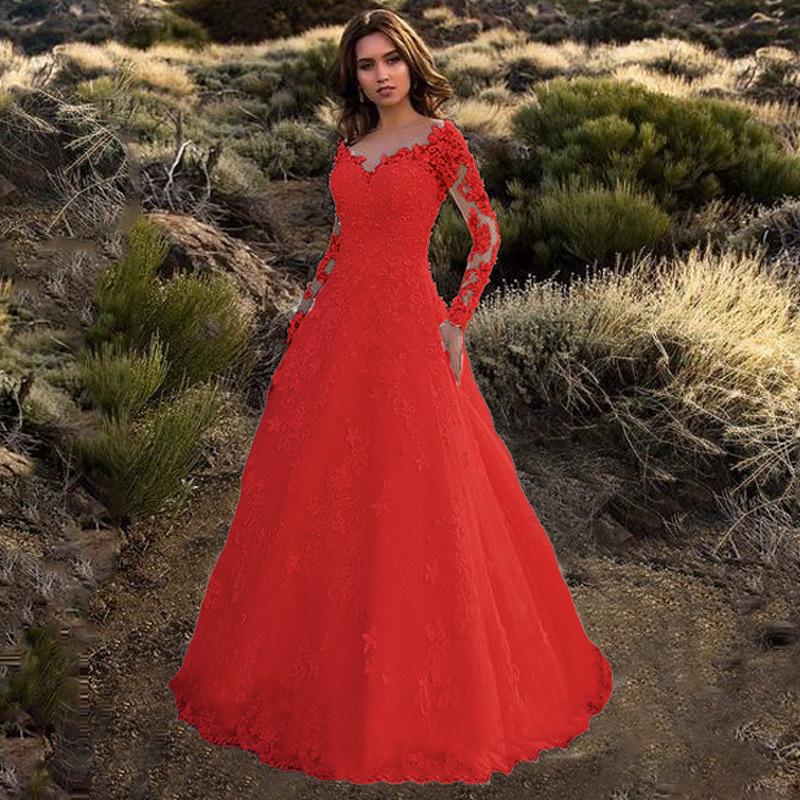 2026 New Style Women's Long-Sleeve Solid Color Sheer Lace Wedding Dress Bridal Gown