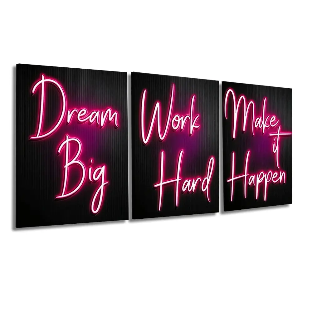 3 Pcs/Set Wooden-Framed Canvas Painting, Black Vertical Strip Background Pink Neon Motivational Quote Three Panel Canvas Wall Art Living Room, Bedroom, Office Apartment Decoration, Modern Home Decor, Fashion Artistic Ornaments, Artwork
