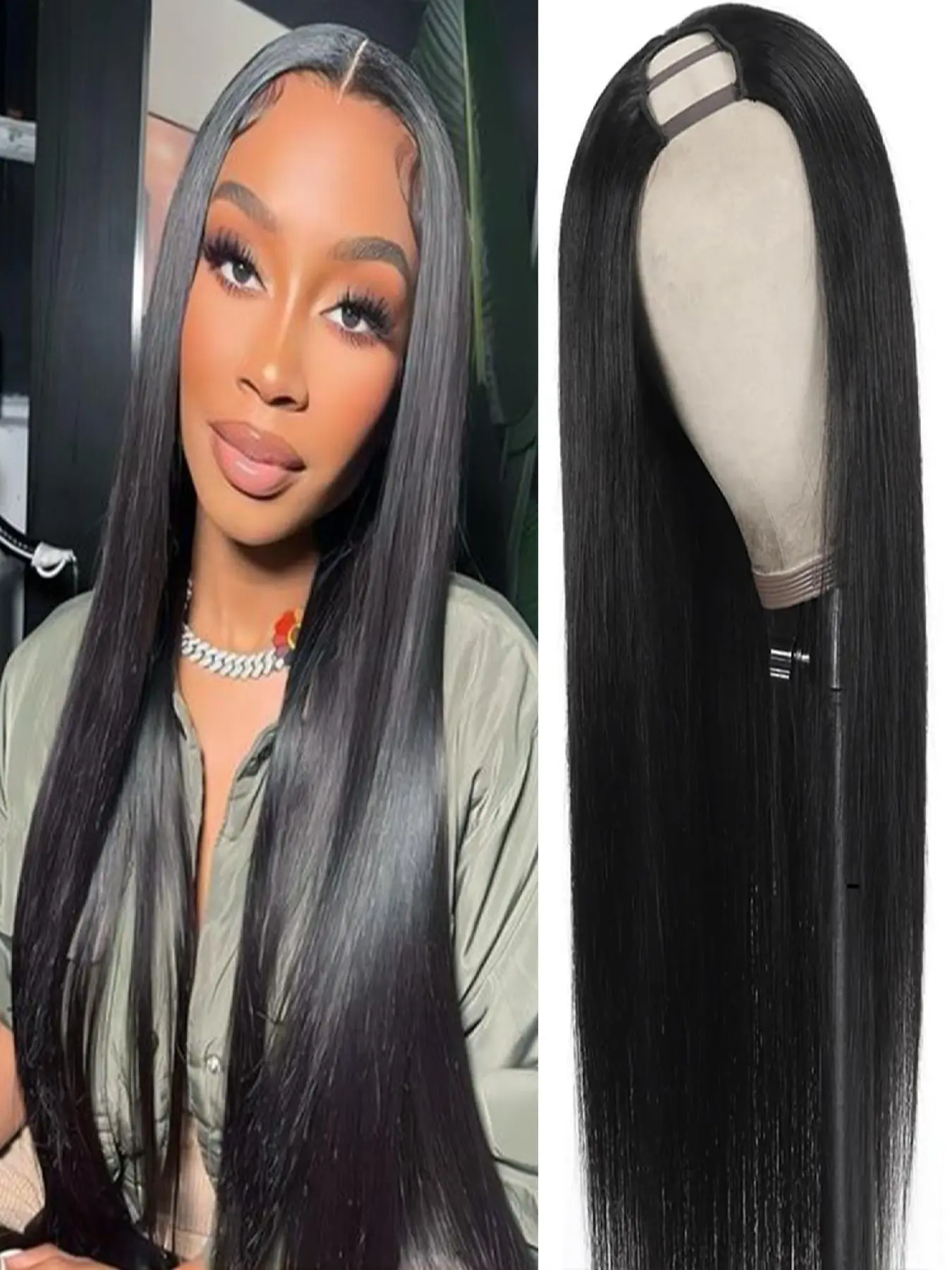 U Part Straight Wigs Human Hair No Leave out No Sew in NO Glue  Natural Black