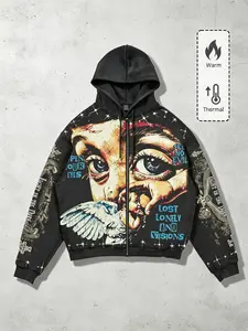 Dark Gothic Full Print Angel Portrait Hoodie, Thick Warm Starry American Street Style Loose Jacket, Casual Fall & Winter Outerwear