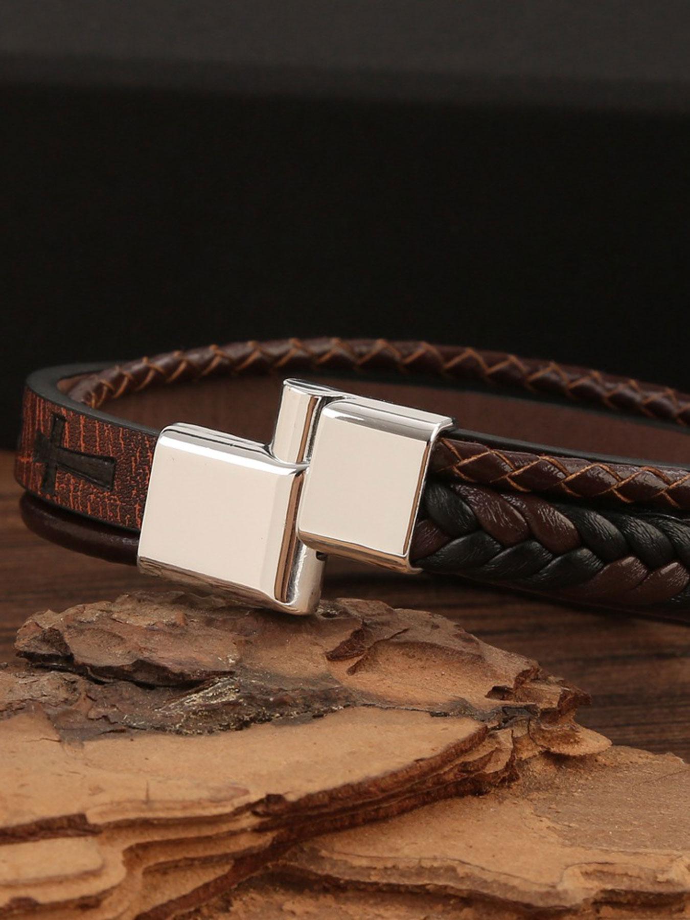 Men's Vintage Cross Design Braided Leather Bracelet, Street Style Party Jewelry Accessories, Daily Clothing Decor, Birthday Holiday Gift