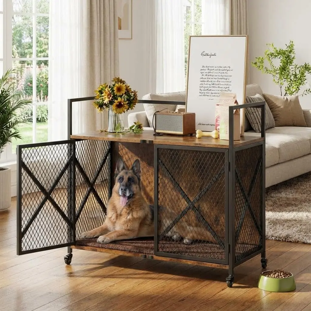 Garvee 41" Heavy Duty Dog Crate Furniture, Double Door Indoor Kennel with Lockable Wheels & Cushion, Decorative Wooden End Table for Small, Medium, Large Dogs up to 220 lbs