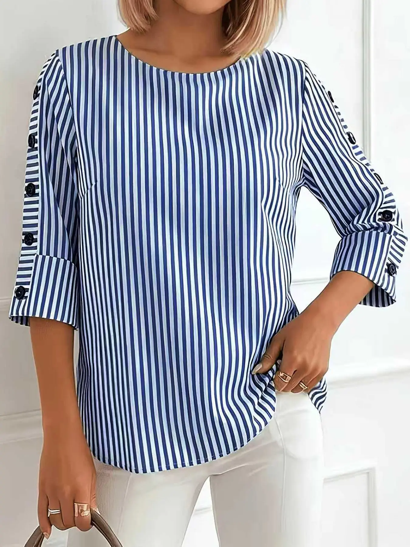 New Spring & Fall Fashion Striped Print Round Neck Women's Shirt, Elegant Office Wear, Fitted 3/4 Sleeve Top for Ladies