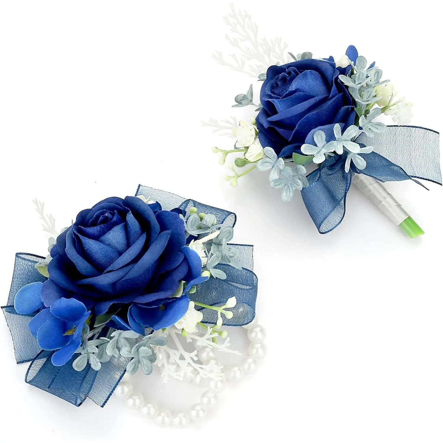 Corsage and Boutonniere Set, 2-Piece Blue Silk Floral Wristlet with a Double Pearl Bracelet for Weddings, Prom Party, Suit Decor, Direct Wear, Double Pearls, Weddings/Party, Crush, Formal, Rosemary, Partner, Unisex