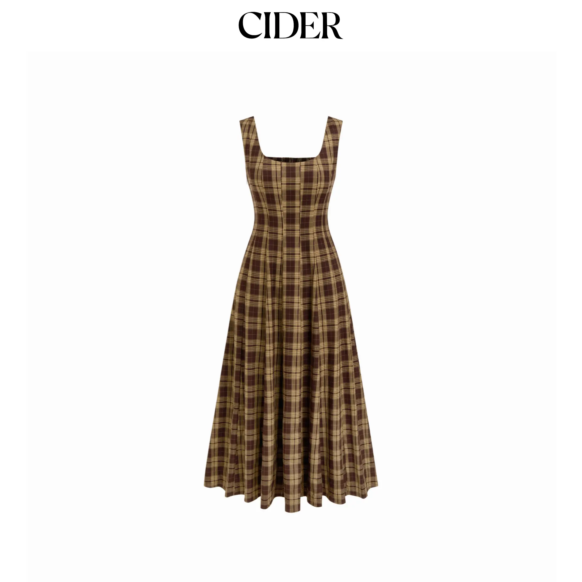 Cider U-neckline Plaid Shirred Pocket Ruffle Midi Dress