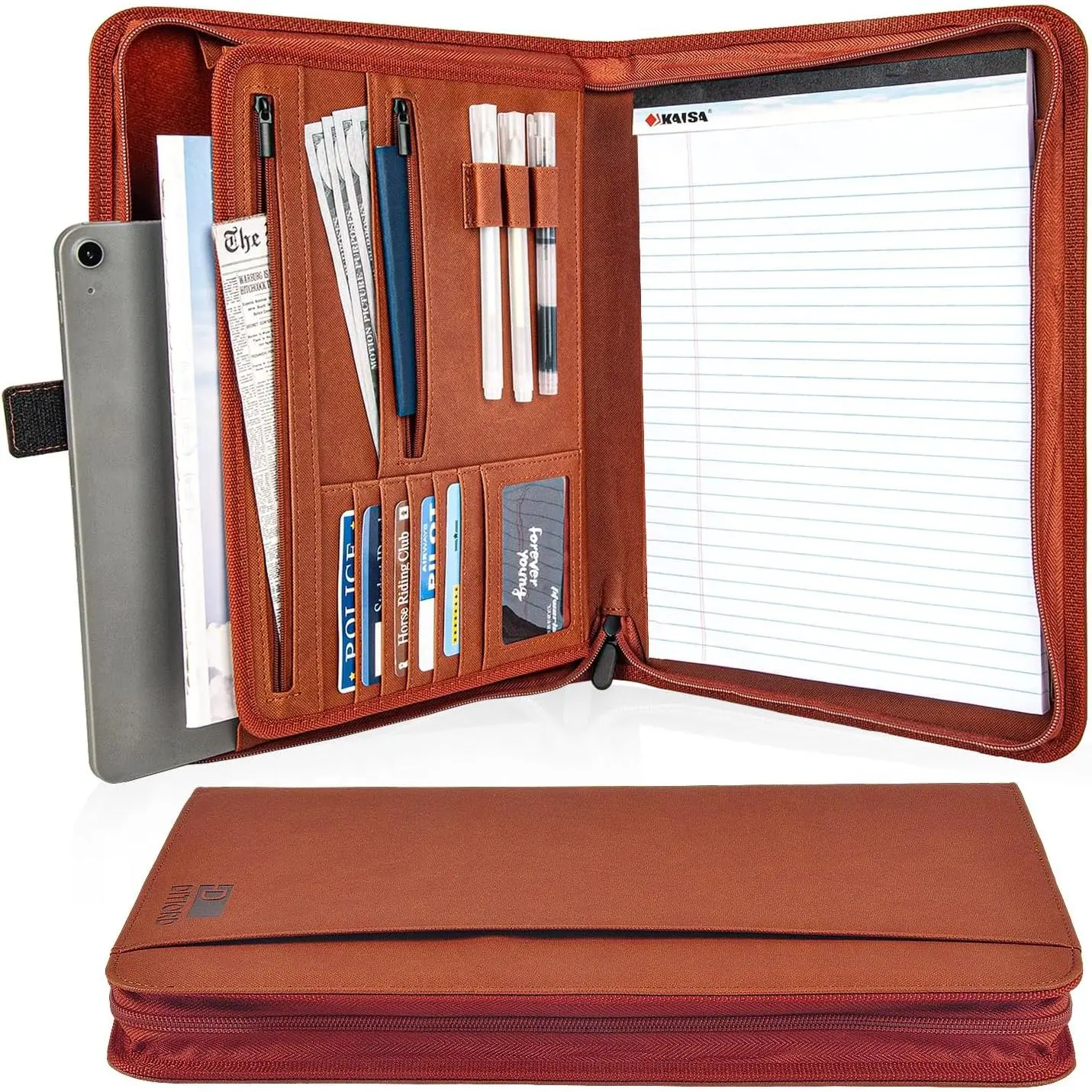 Vegan Leather Padfolio 8.5"x11" Zipper Business Organizer for Legal Pads Brown | PU leather portfolio with storage pockets, fits iPads/legal pads/A4 paper, durable for office, ideal business