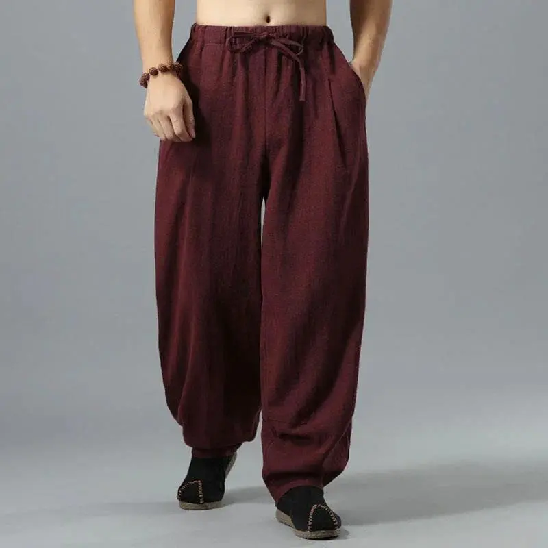 Baggy Cotton Linen Pants Men Casual Wide leg Oversize Jogger Trousers Vintage Drawstring Sport Sweatpants Male 2025