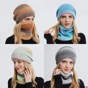 Gradient Color Thick Thermal Knit Hat Neck Warmer Set Soft Fluffy Yarn Built In Ear Wrap Stretch Elastic Silhouette Windproof Cold Resistance Unisex For Autumn Winter Outdoor Korean Minimalist Warm Head Neck Accessory