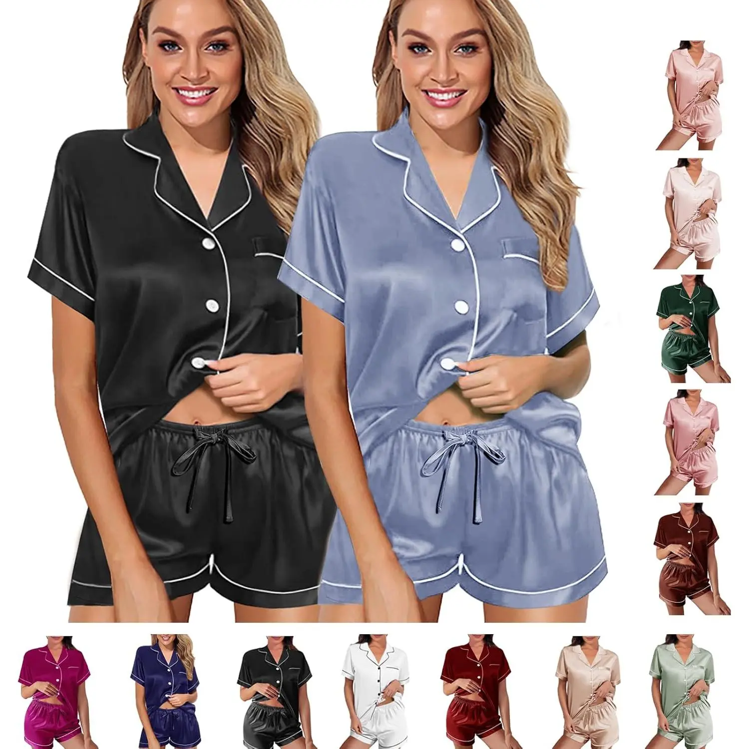 Lady's 2-Pack Silk Satin Sleepwear Set, Soft Clothes with Shorts Length Bottoms, Button-Front Loungewear for Home & Vacation, Minimalist