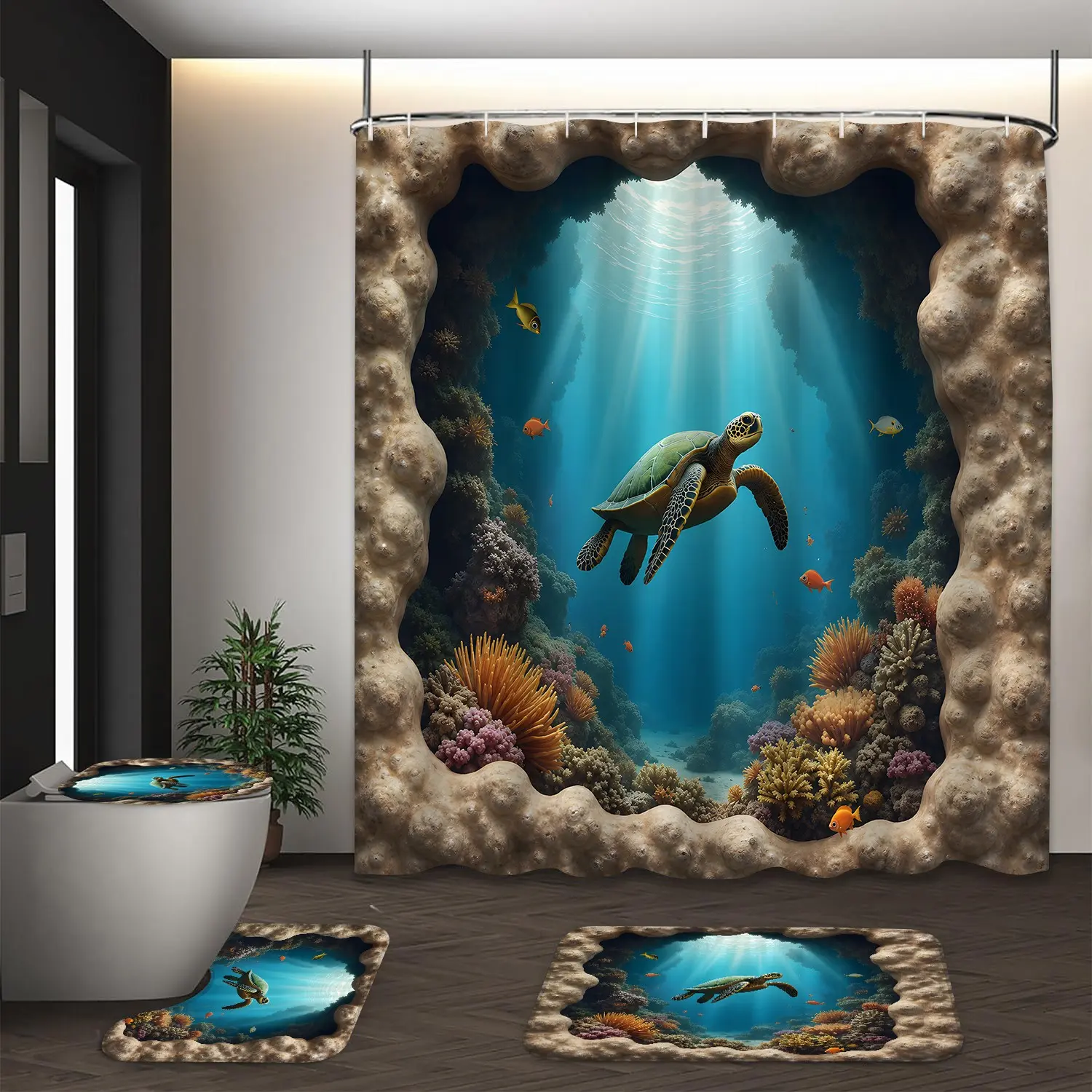 LVRLVR 4Pcs Cave Frame Underwater Sea Turtle Coral Tropical Fish Ocean Scenery Print Blue Beige Tone Bathroom Shower Curtains Set 70.8×70.8 Inch