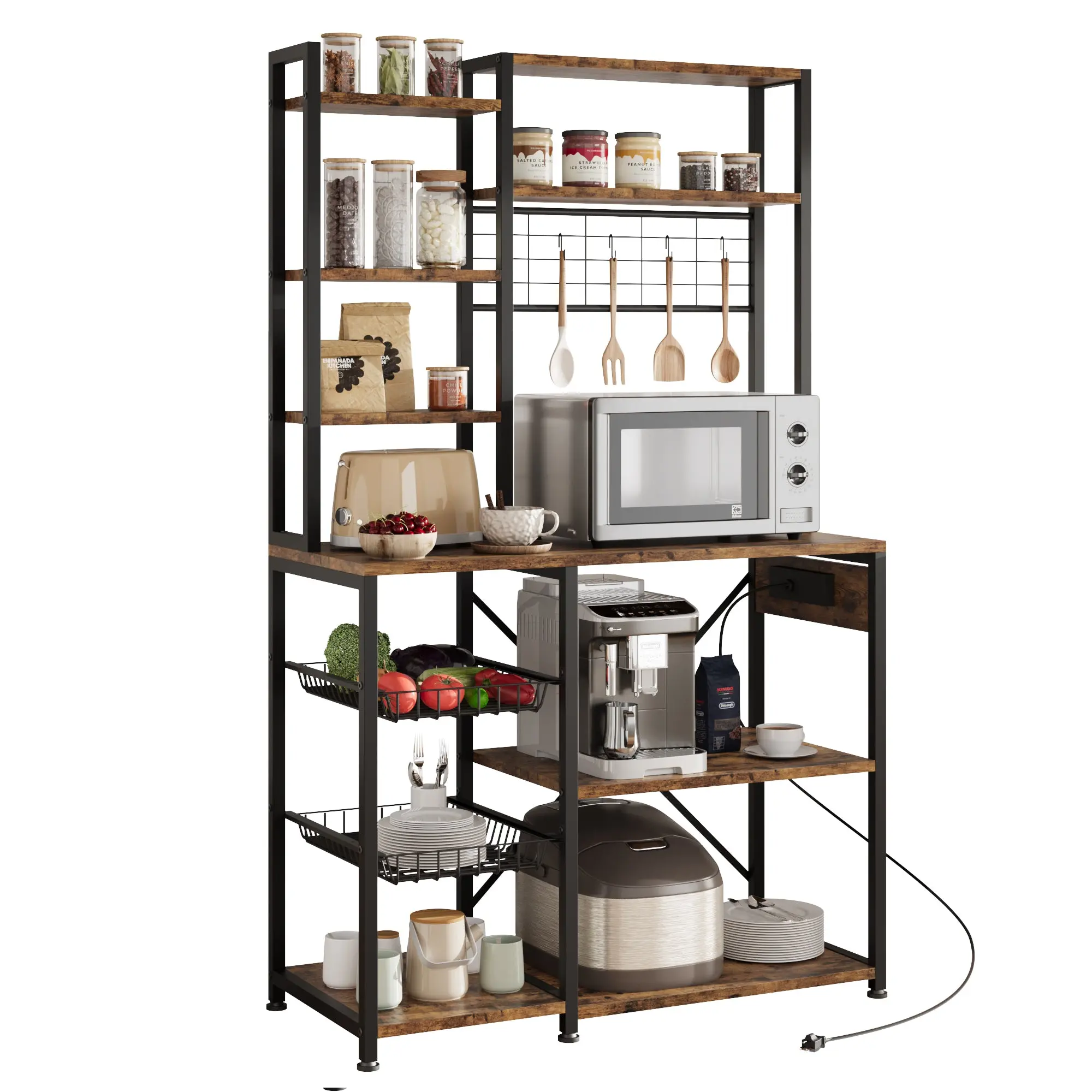 GARVEEBakers Rack with Power Outlet, 7-Tier Freestanding Utility Storage Shelf featuring 2 Wire Baskets/Drawers, Large Open Shelves for Microwave, Kitchen, Coffee Bar, and Multi-Purpose Storage in Retro Brown and Gray